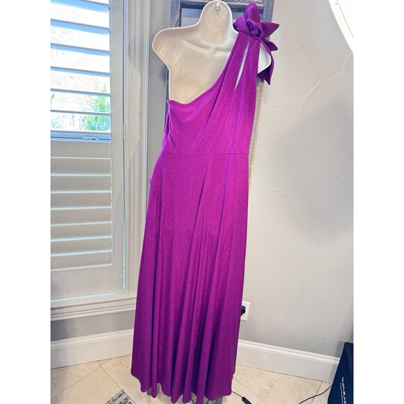 Formal Long Dress Womens L Raspberry Shimmer Strappy One Shoulder Tiered Prom - Picture 3 of 9